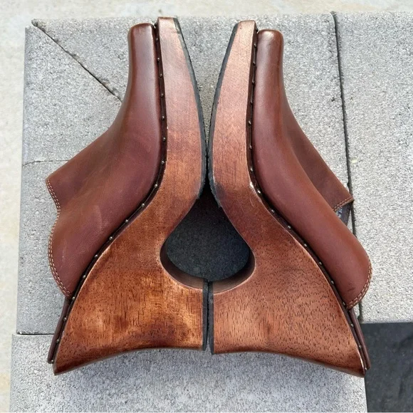 MIA Wooden Leather Studded Platform Heel Mule Clog Shoes Brown 10 - Picture 8 of 16